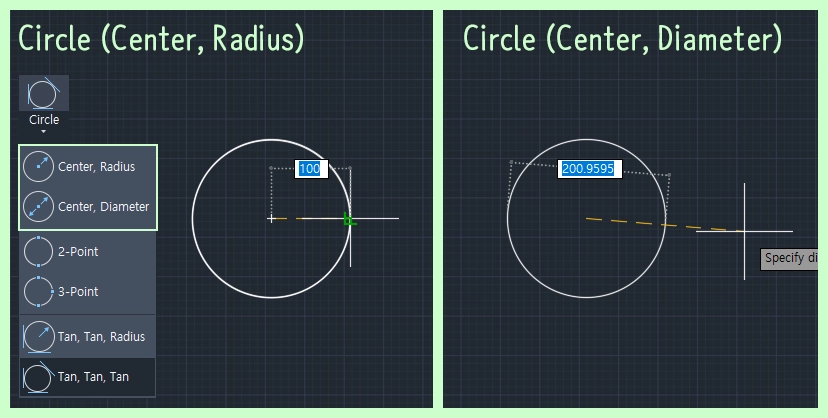 캐드 Circle 지름, 반지름