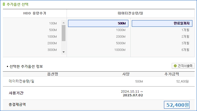 웹트래픽 용량 선택